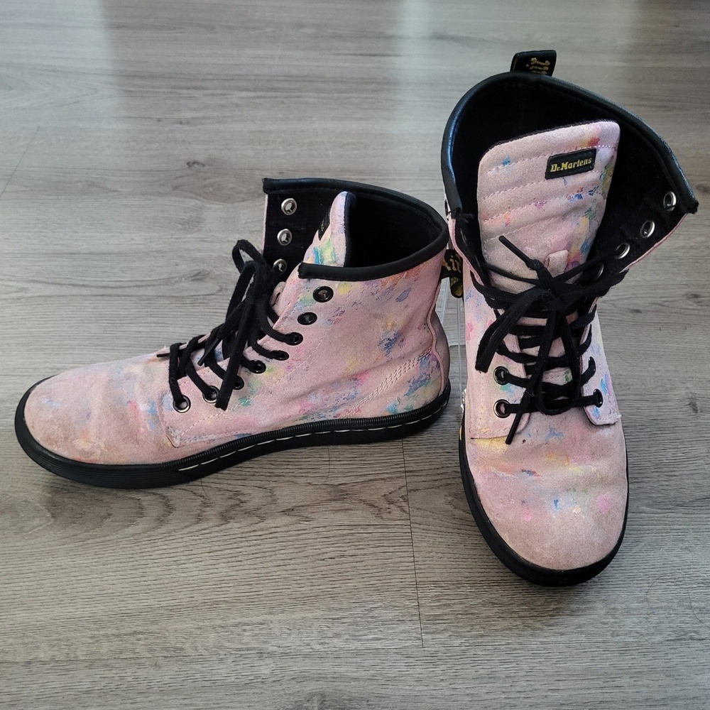 Dr. Martens Sheridan Confetti Suede‎ Pink Paint Splatter High Top Boots Womens 7